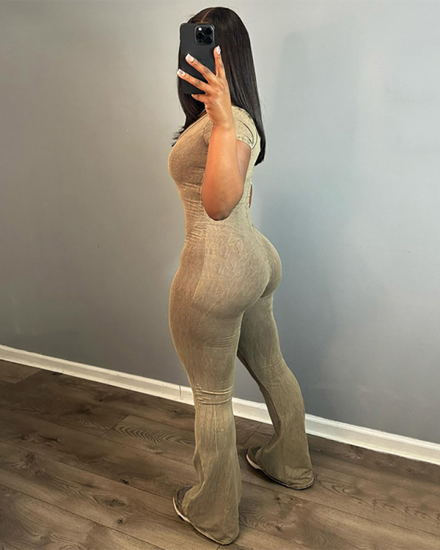 New Women Solid Color U Collar Short Sleeve High Waist Hip Lifting Wide Leg Jumpsuit Brown S-L