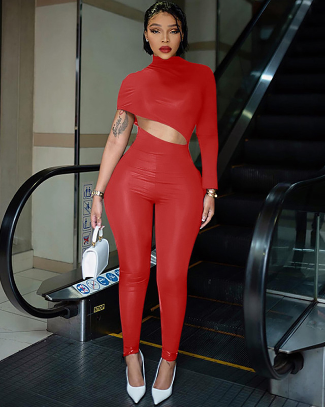 Women Autumn Winter New Street Tight Solid Color Irregular Exposed Jumpsuit Black Brown Red Gray S-L