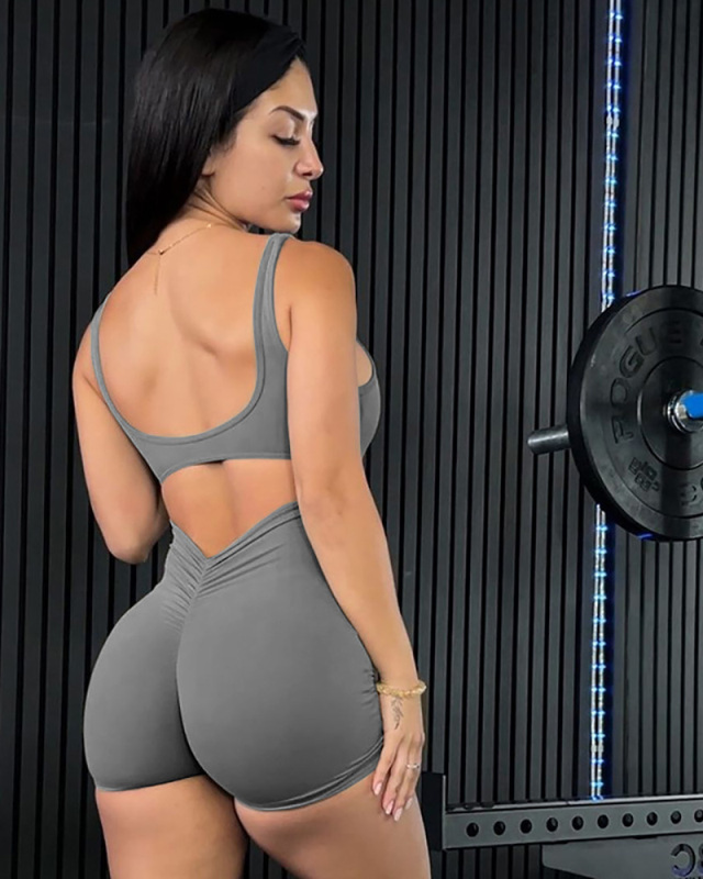 Women Summer New Solid Color Sleeveless Backless Tight Fitting Casual Sports Seamless Romper Coffee Gray Black S-L