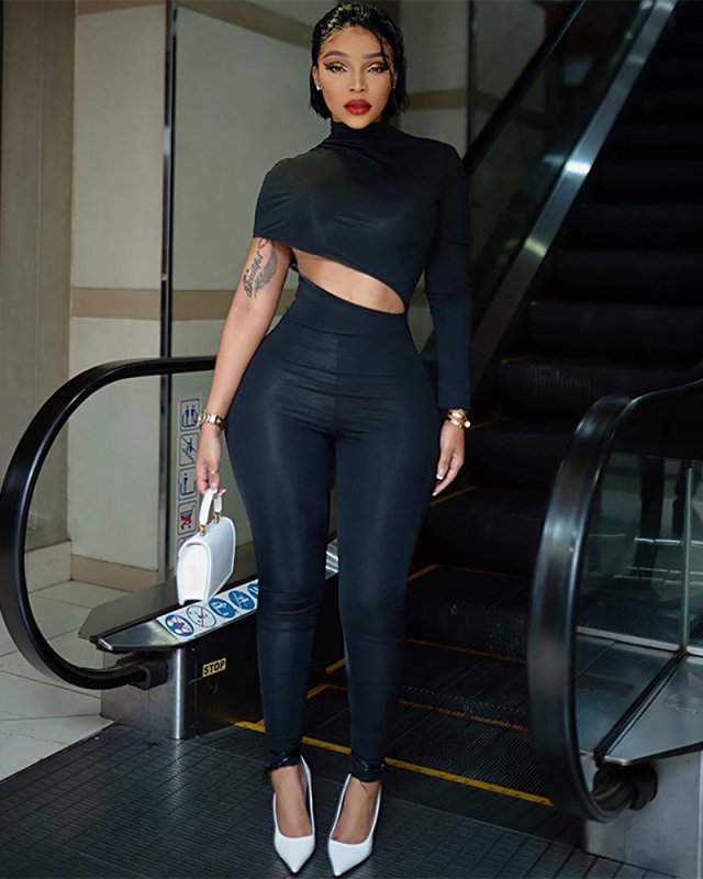 Women Autumn Winter New Street Tight Solid Color Irregular Exposed Jumpsuit Black Brown Red Gray S-L