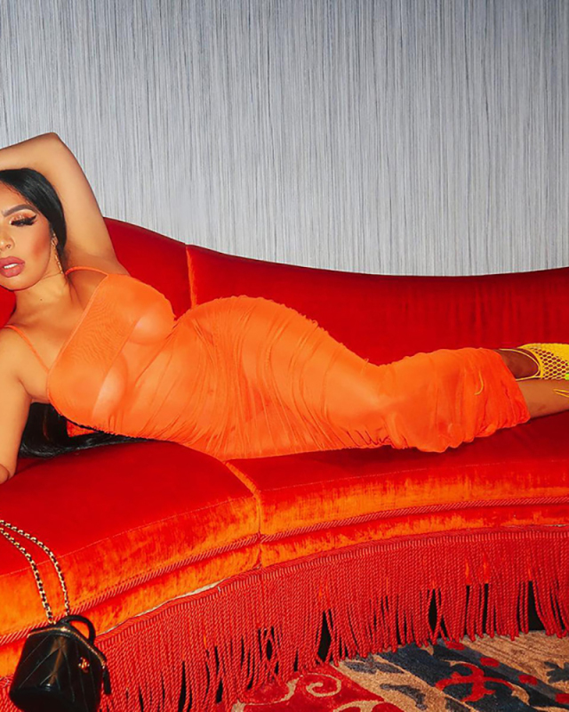 Fashion Women New Sexy Sling Slim Mesh Pleated Maxi Dress Orange S-L