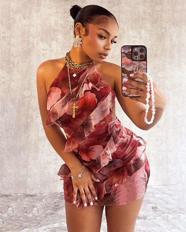 Women Summer Ruffer Color Printed Sleeveless Halter Neck Backless Sexy Dress Red Gray Brown S-L