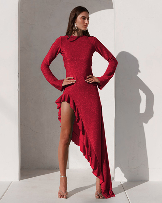 Long Sleeve Open Back Women Ruffle Long Dress S-L