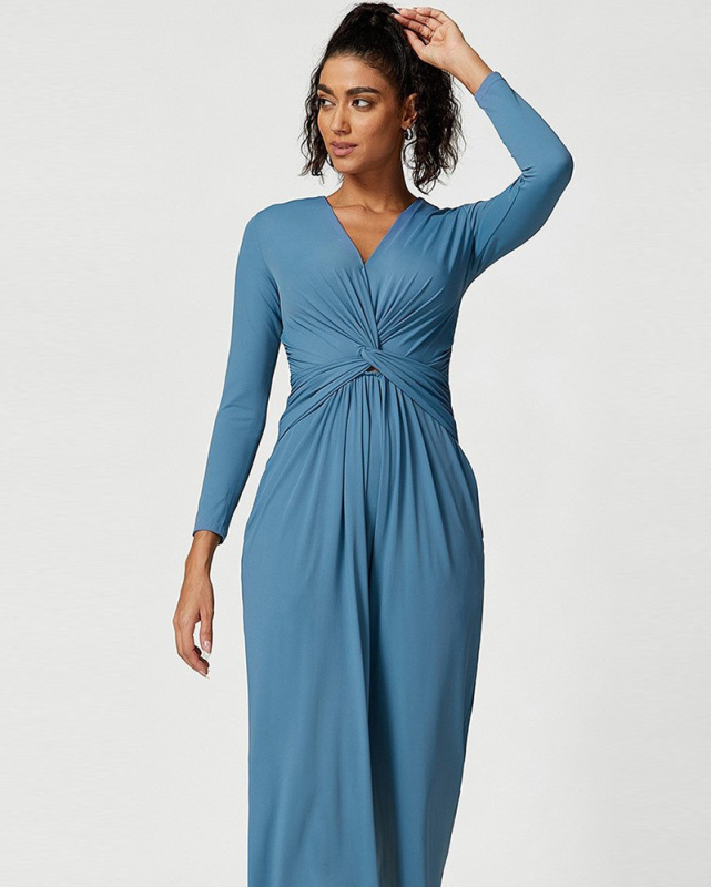Sexy V Neck Ruched High Slit Yoga Sports Jumpsuit S-L