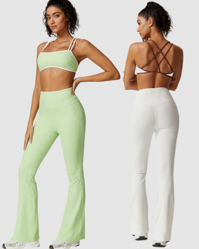 Women New Sports Bra Seamless Hips Lift Flare Pants Two Piece Sets XS-L