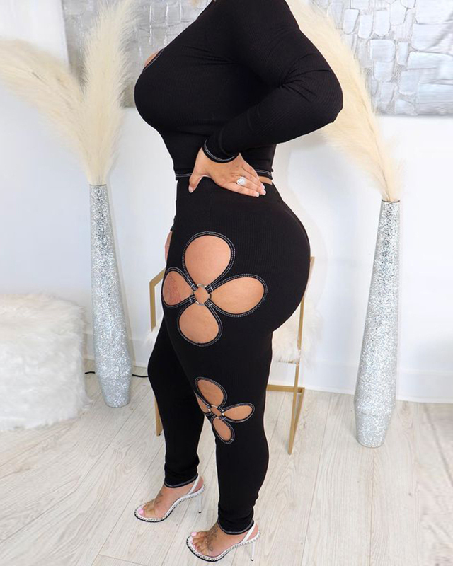 Black Wholelsale Hollow Out Women Two Piece Pant Set S-XXL