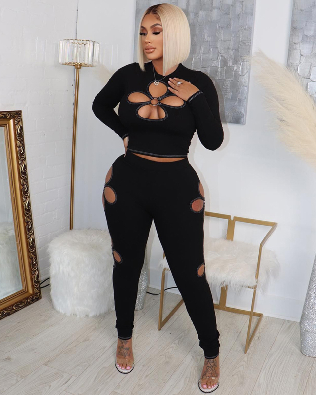 Black Wholelsale Hollow Out Women Two Piece Pant Set S-XXL