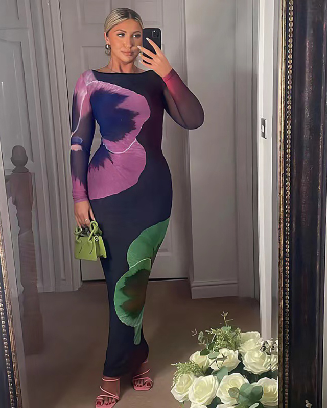 Long Sleeve Printed Women Long Dress S-XXL