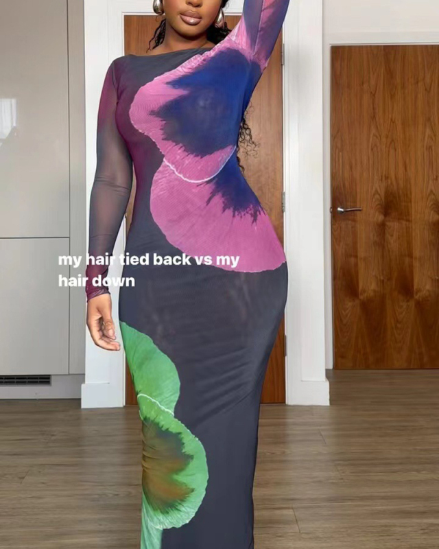 Long Sleeve Printed Women Long Dress S-XXL