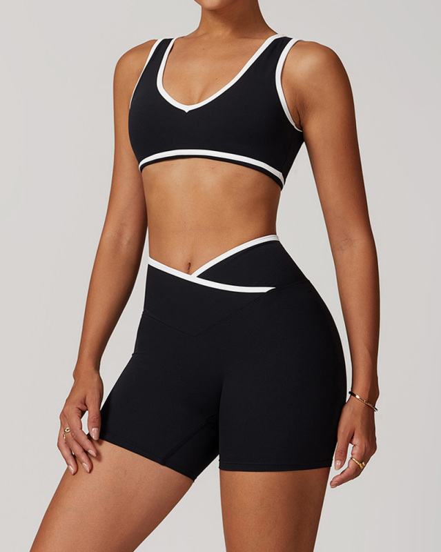OEM Colorblacok V Neck Sports Bra Criss Waist Shorts Two Piece Sets S-XL