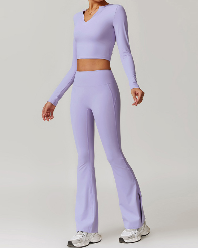 Yoga Long Sleeve V Neck T-shirt High Waist Flare Pants Two-piece Sets S-XL