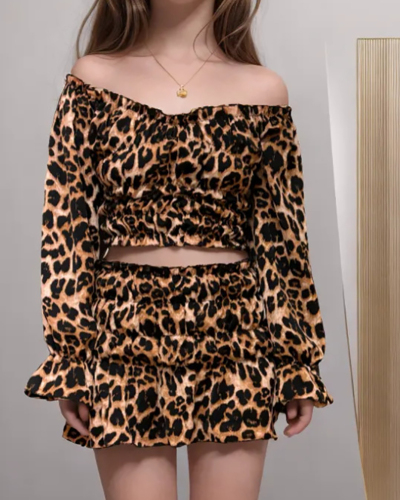 Leopard Printed Wholesale Women Cute Two Piece Skirt Set S-L