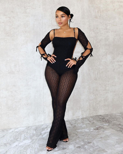 Long Sleeved Backless See Through Strap Flared Pants Sexy Jumpsuit S-L