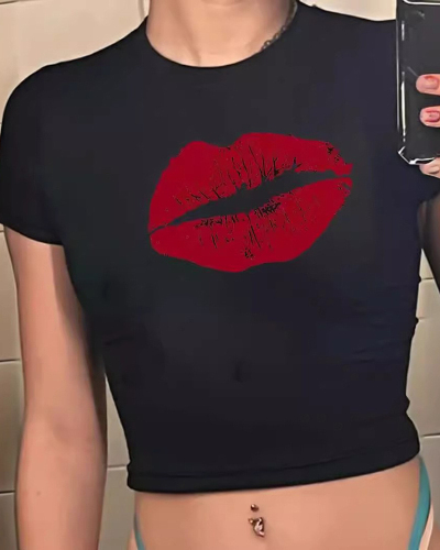 Black Women Short  Printed Short T-Shirt Top XS-XL