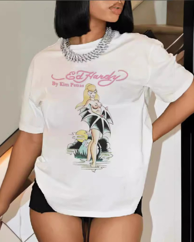 White Printed Women Short Sleeved T-Shirt Top XS-XL