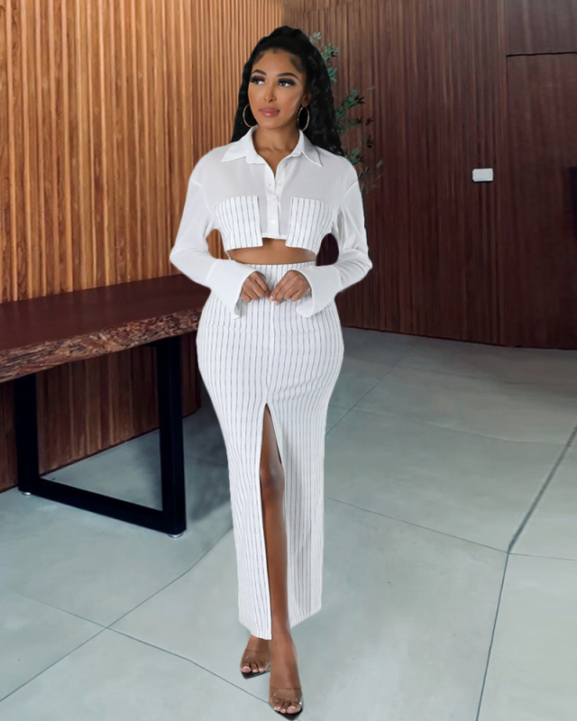 Women's Shirt With Exposed Navel Long Sleeved Top Elastic Waist Half Skirt Set S-L