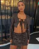 Sequins Street Exposed Navel Long Sleeved Short Skirt S-L
