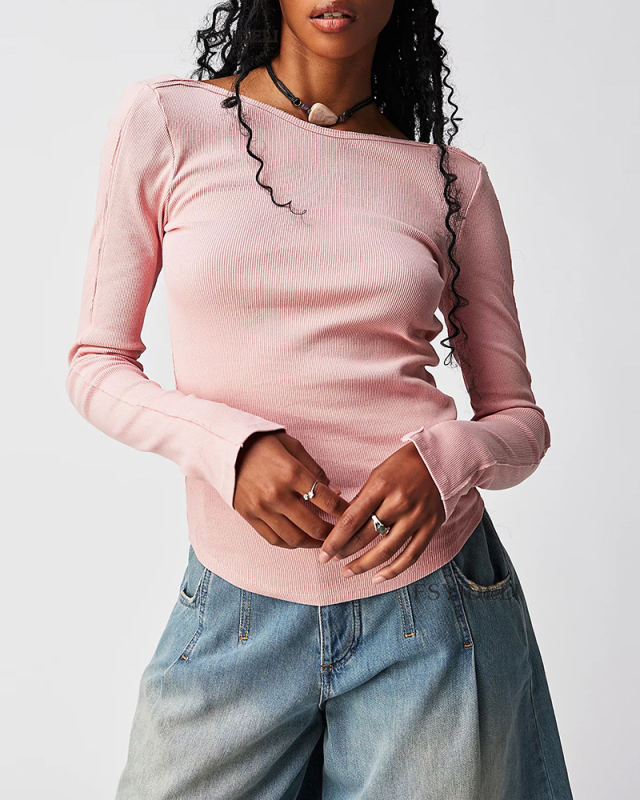 Women Fall Backless Long Sleeve Knit T-shirt S-L