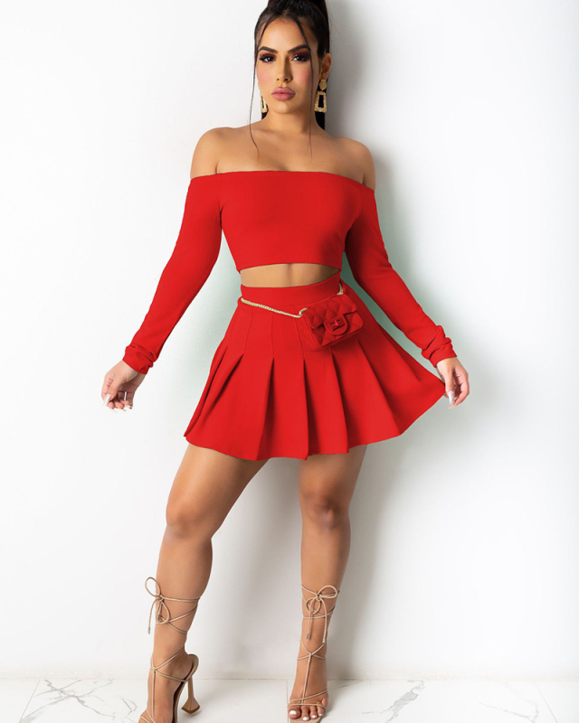 Off Shoulder Women Long Sleeve Two Piece Skirt Set S-XXL