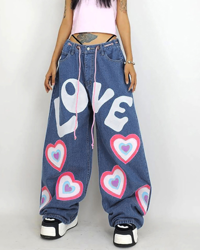 Love Heart Y2K Style Hot Jean Trousers S-L