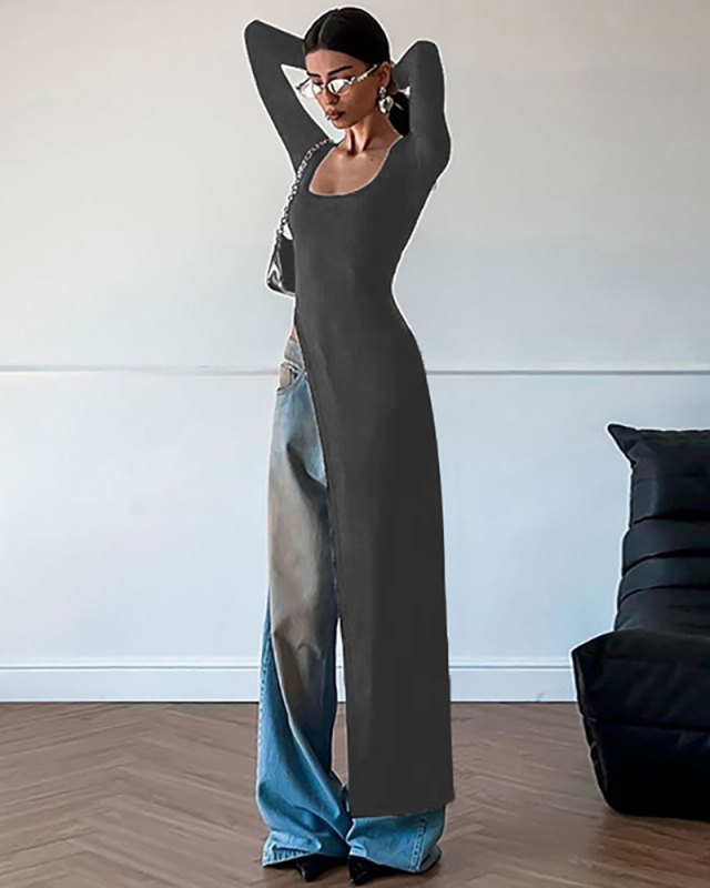 Women's Round Neck Long Sleeved Irregular Slanted Hem Slim Fit Base T-Shirt S-L