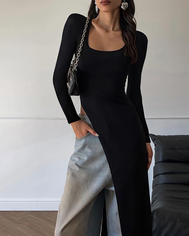 Women's Round Neck Long Sleeved Irregular Slanted Hem Slim Fit Base T-Shirt S-L