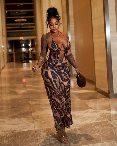 New Women Fashionable And Sexy Halter Neck Tie Leopard Print Long Dress  S-L