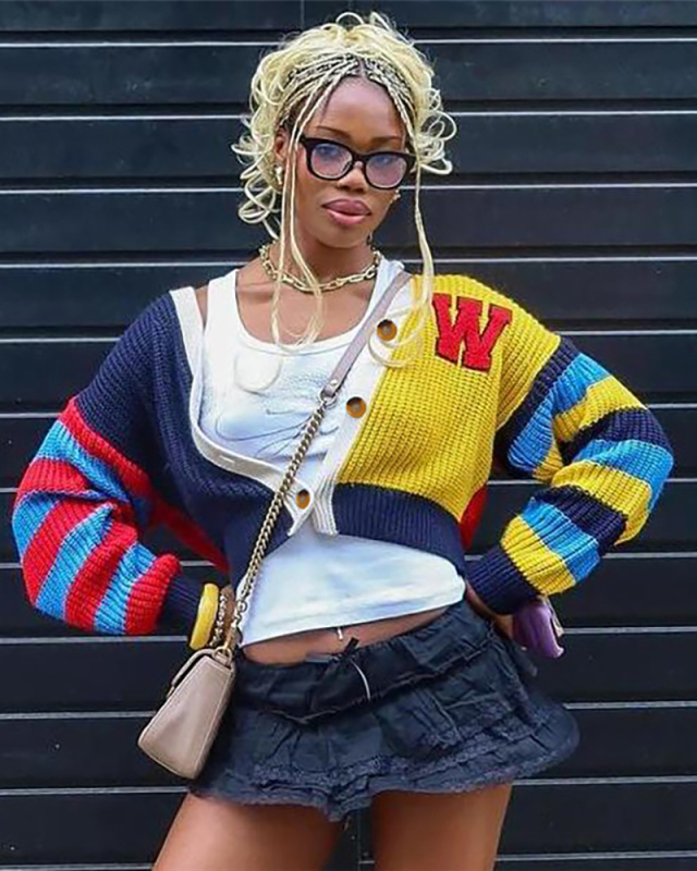 Women Fashion Casual Colored Letter Knitted Button Short Long Sleeved Jacket  S-L