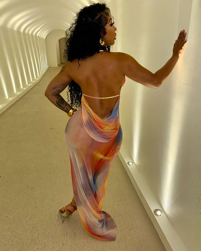 Women Sexy Hot Girl Hanging Neck Strap Printed Mesh Splicing Backless Dress  S-L