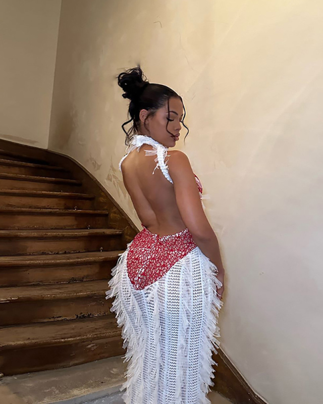 Women New Trendy And Personalized Sleeveless Tassel See Through Patchwork Backless Long  Dress  S-L