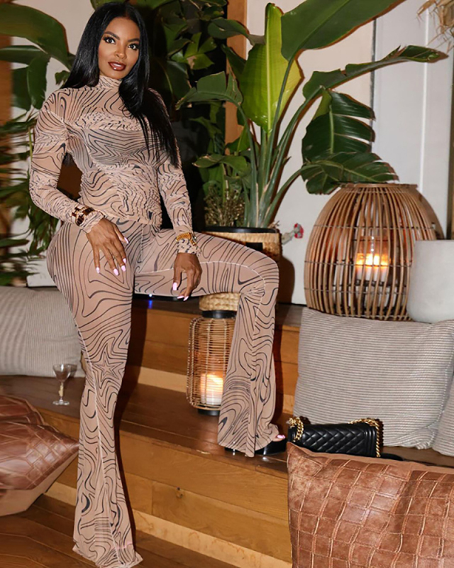 Women Fashion Personalized Printed Mesh Half High Collar Long Sleeve Slimming Pants Set  S-L