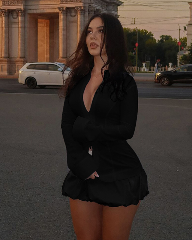 Fashion Casual Stand Up Collar Long Sleeved Zipper Solid Color Waist Collection Bubble Short Skirt Two-Piece Set  S-L