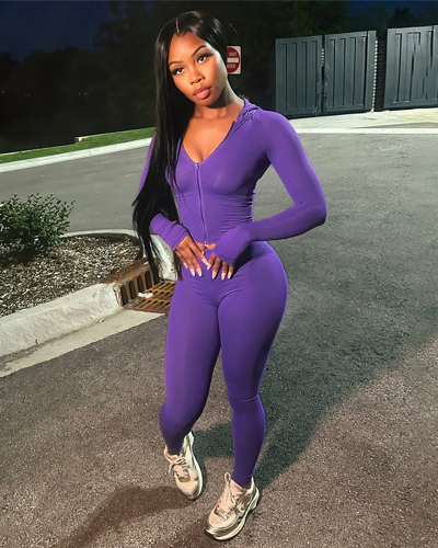 Women Fashion Trend Solid Color Long Sleeved V-Neck Zipper Slim Fit Tight Pants Set  S-L