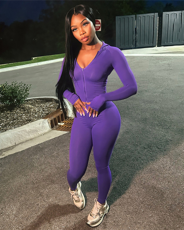 Women Fashion Trend Solid Color Long Sleeved V-Neck Zipper Slim Fit Tight Pants Set  S-L