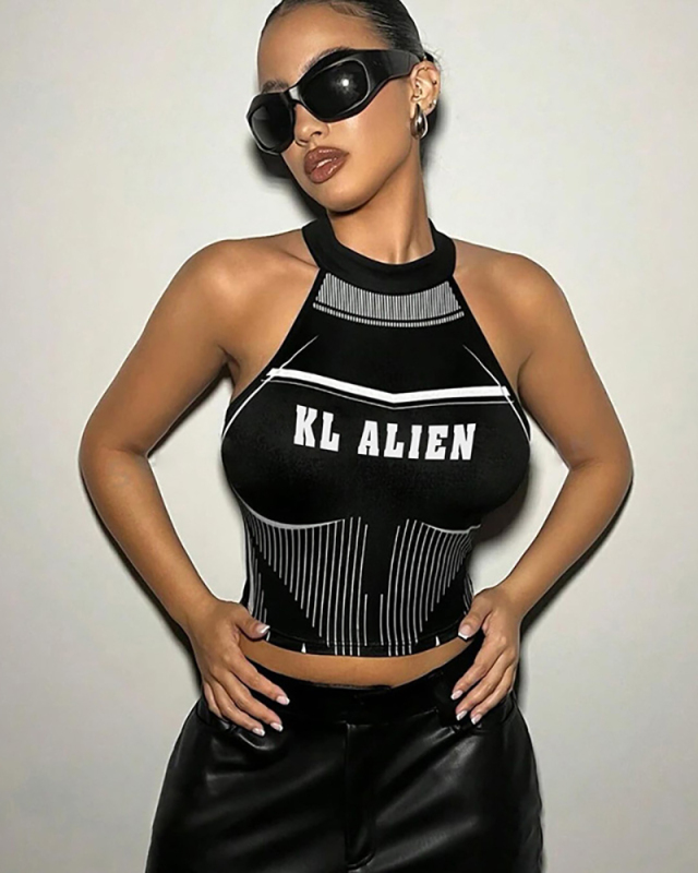 Women Fashion Trend Sleeveless Hanging Neck Letter Printed Slim Fit Short Vest  S-L