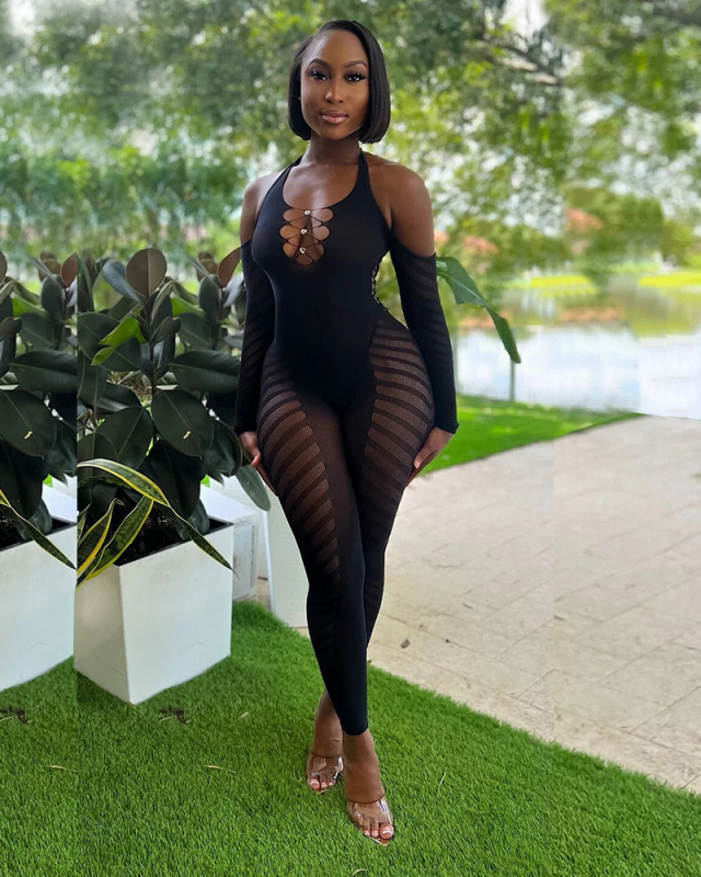 Long Sleeve Black Fishnet Wholesale Sexy Jumpsuit