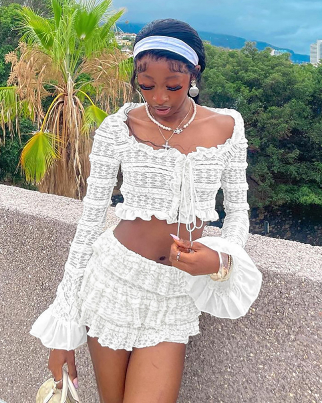 Sweet And Sexy Round Neck Tie With Exposed Navel And Ruffle Edge Trumpet Sleeve Short Skirt Set  S-L