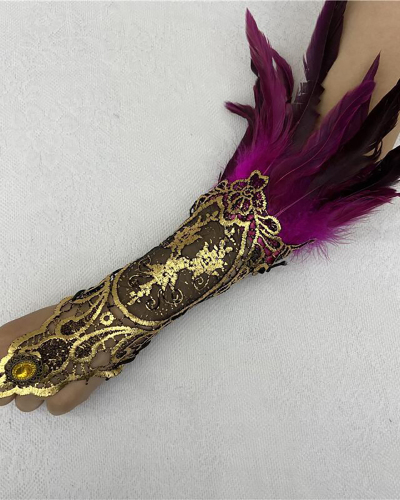 Gothic Style Feather Gloves Hollowed Out Gold Lace Lace Arm Sleeves