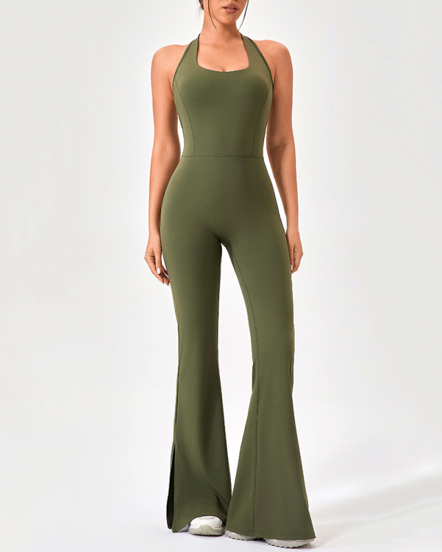 Women Yoga Flared Leg Dance Sleeveless Hips Lift Running Jumpsuit S-2XL