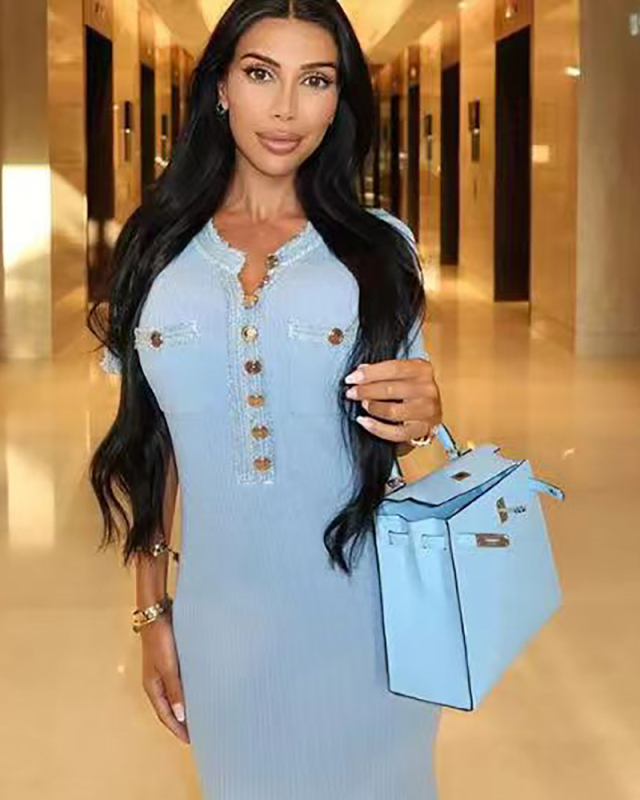 Elegant Women Denim Patchwork Knitted Long Dress S-L