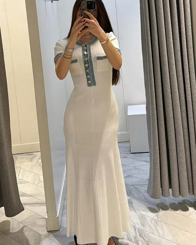 Elegant Women Denim Patchwork Knitted Long Dress S-L