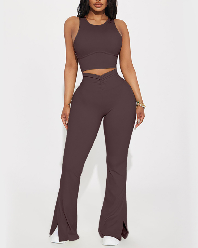 Hot Sale Factory Sleeveless Sports Vest High Waist Wide Leg Pants Two Piece Sets S-L