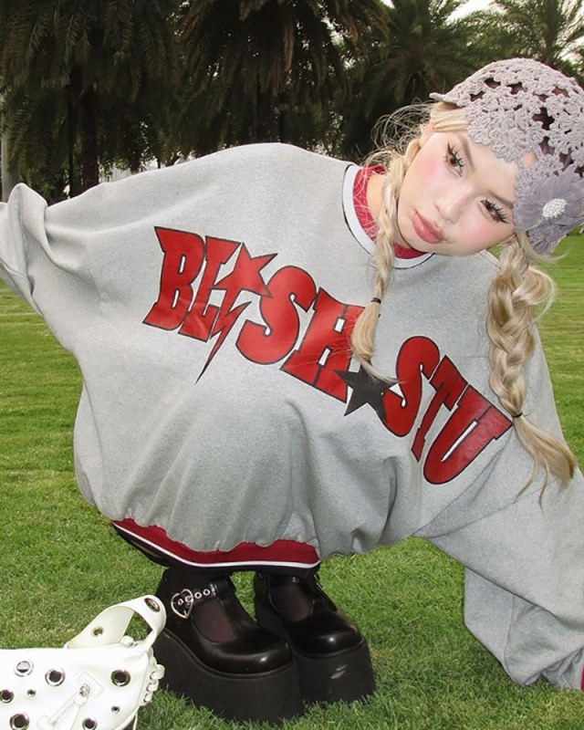 Long Sleeve Grey Letter Printed Hoodies S-XL