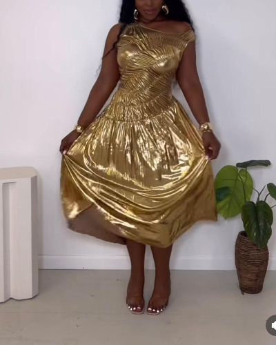 Golden PU Fashion Sleeveless Long Dress XS-L