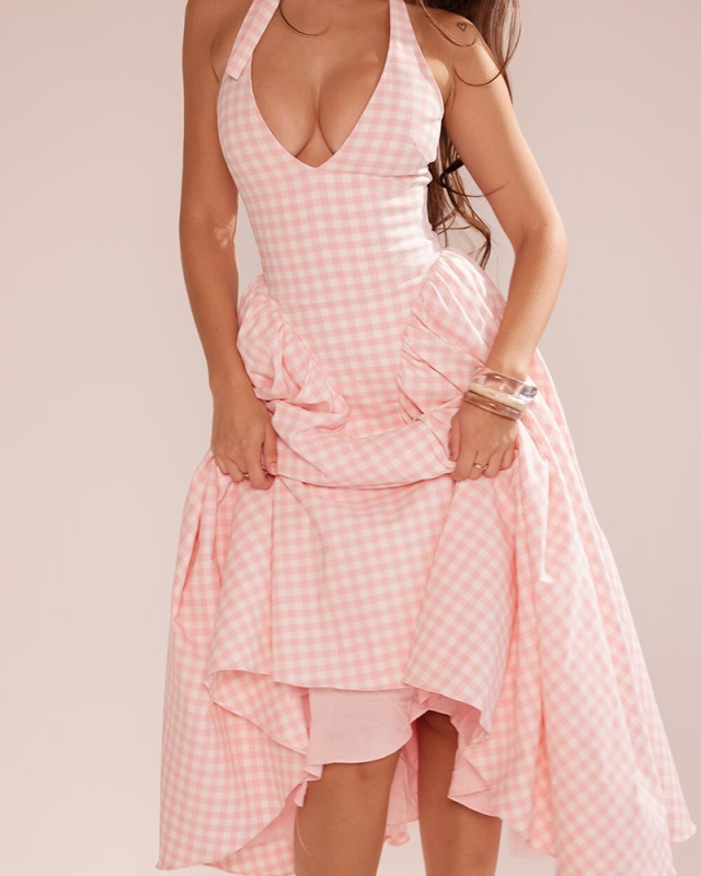 V-neck Wholesale Pink Lovely Cute Sleeveless Dress S-L