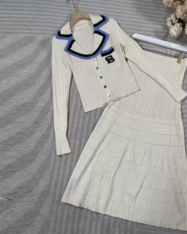 Knitted Women Wholesale New Long Sleeve Two Piece Skirt Set S-L