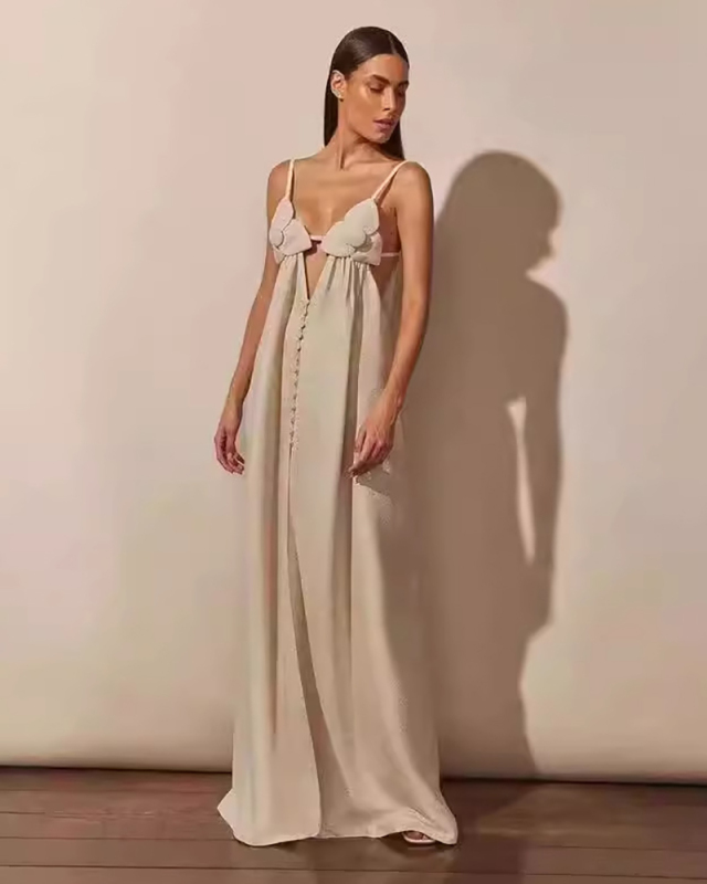 Fashion V Neck Sling New Flower Bra Maxi Dress Apricot S-L