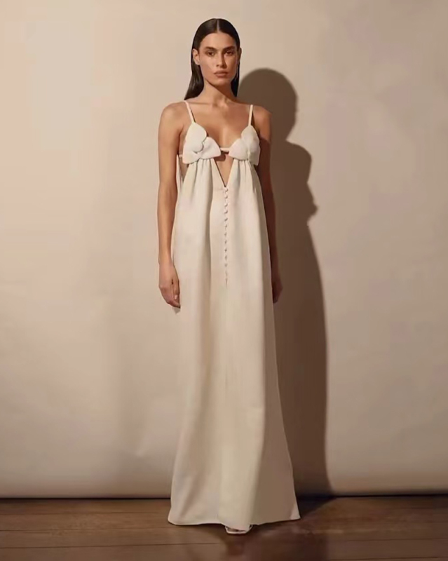 Fashion V Neck Sling New Flower Bra Maxi Dress Apricot S-L
