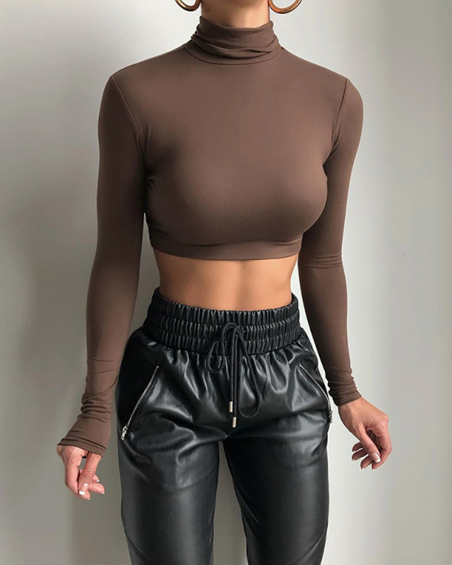 Women's Long Sleeved High Neck Solid Color Short Style Exposed Navel Sexy Slim Fashion T-Shirt S-L