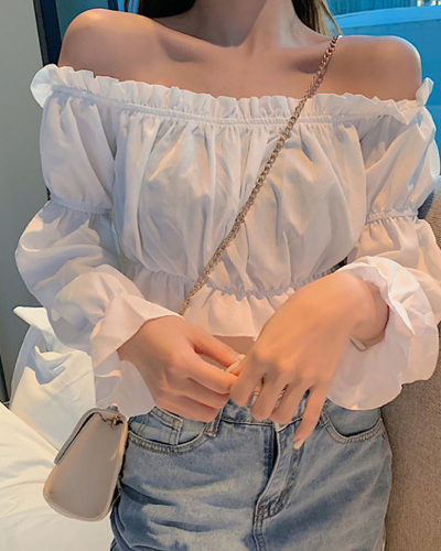 Summer One Collar Off Shoulder Design Top With High Waist  Exposed Navel Bubble Sleeves T-Shirt S-2XL